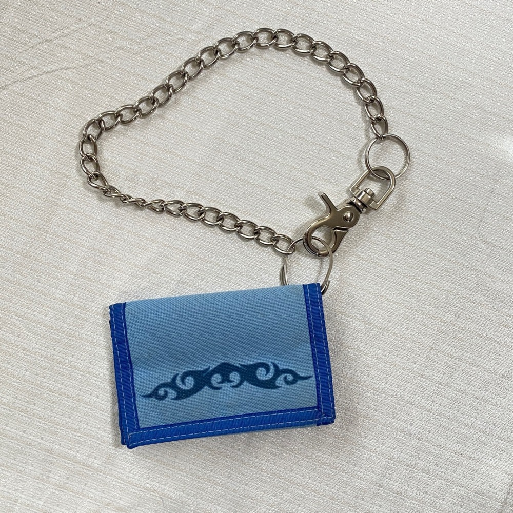 Y2K Trifold Chain Wallet Tribal Graphic Blue Canvas Skater Streetwear Vintage